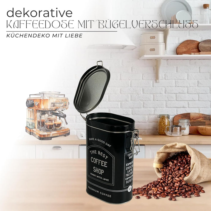 MediMuc Vorratsdose Kaffeedose Teedose oval lackiert schwarz mit weisser Schrift mit Bügelverschluss