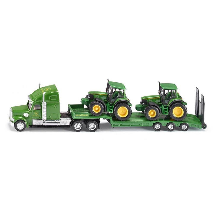 siku 1837, Tieflader mit 2 John Deere Traktoren, 1:87, Metall/Kunststoff, Grün, Klappbare Heckklappe
