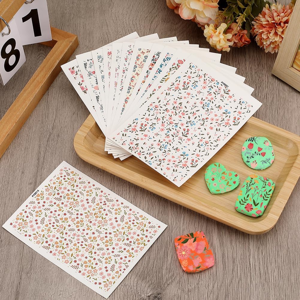 craspire 16 Stil Blumen-Ton-Transferpapier Für Polymer-Ton, Blumen-Transferblätter, Boho-Retro-Wasse