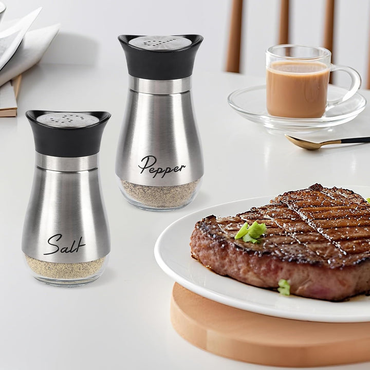 Salz und Pfefferstreuer Set, Salz und Pfefferstreuer Set mit Halter, 8 Stück Edelstahl und Glasflasc
