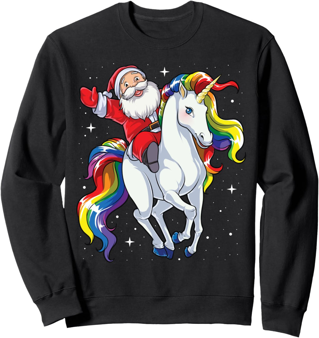 Christmas Santa Riding Unicorn Xmas Girls Women Rainbow Sweatshirt