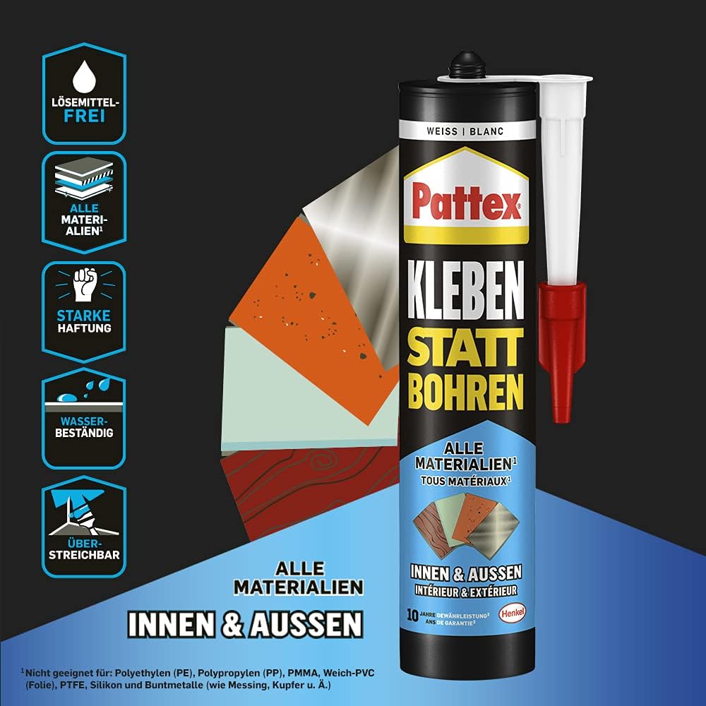 Pattex Kleben statt Bohren Innen & Aussen, Montagekleber & Baukleber für innen & aussen, starker Kle