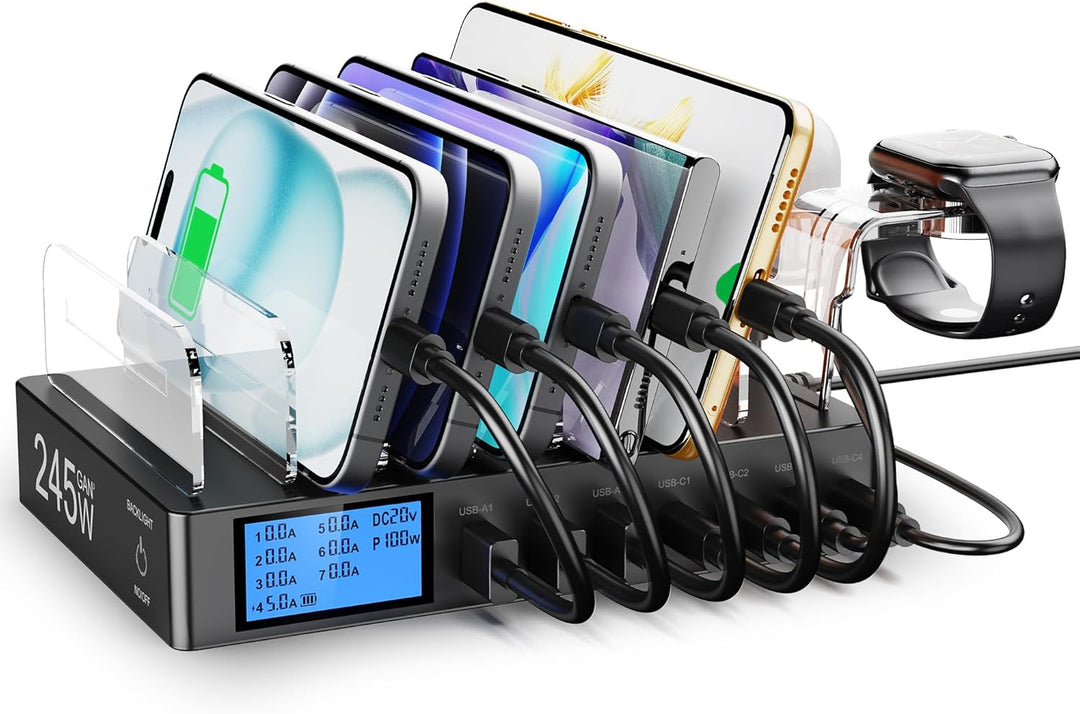Ladestation für mehrere Geräte, 245W 7 Port Ladegerät mit LCD Bildschirm und 2-in-1 i-Watch-Ladehalt