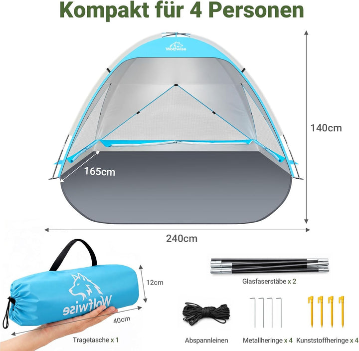 Wolfwise grosse Strandmuschel UV Schutz für 3-4 Personen, Strandzelt grosszügig mit Sonnenschutz UPF