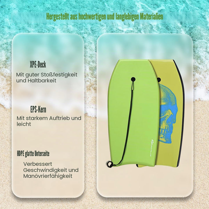 HOMASIS Surfbrett L, Bodyboard aus XPE und HDPE mit Handschlaufe, Halbmond Surfbrett, geeignet ab 14