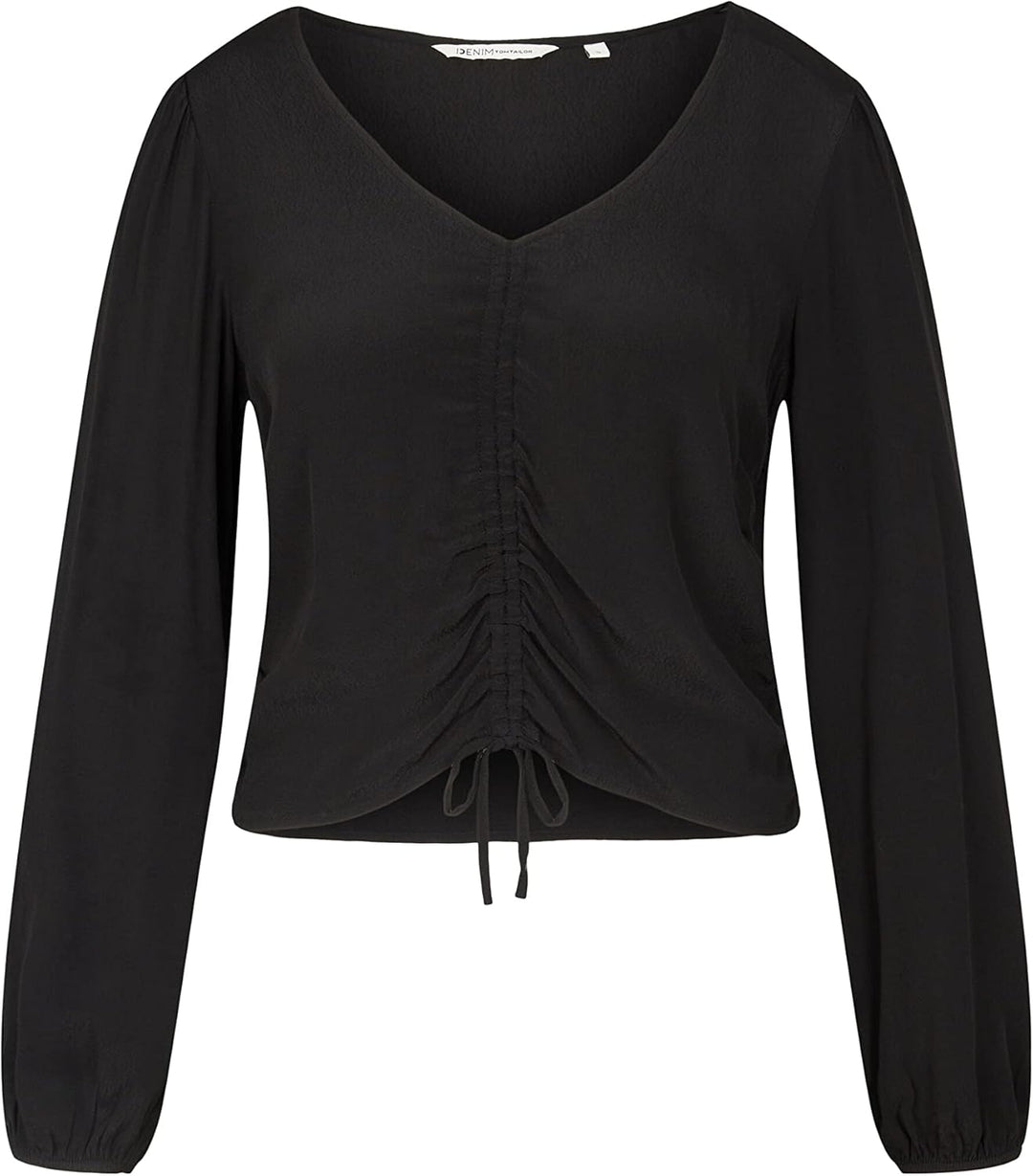 TOM TAILOR Denim Damen Cropped Bluse mit Raffdetail M 14482 - Deep Black, M 14482 - Deep Black