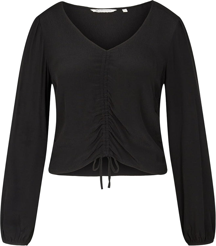 TOM TAILOR Denim Damen Cropped Bluse mit Raffdetail M 14482 - Deep Black, M 14482 - Deep Black