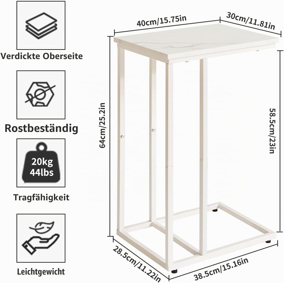 Aibiju Beistelltisch，Betttisch，Sofatisch ür Kaffee und Laptop, Industrie-Design, Modern, Weisse Marm