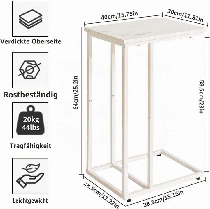 Aibiju Beistelltisch，Betttisch，Sofatisch ür Kaffee und Laptop, Industrie-Design, Modern, Weisse Marm