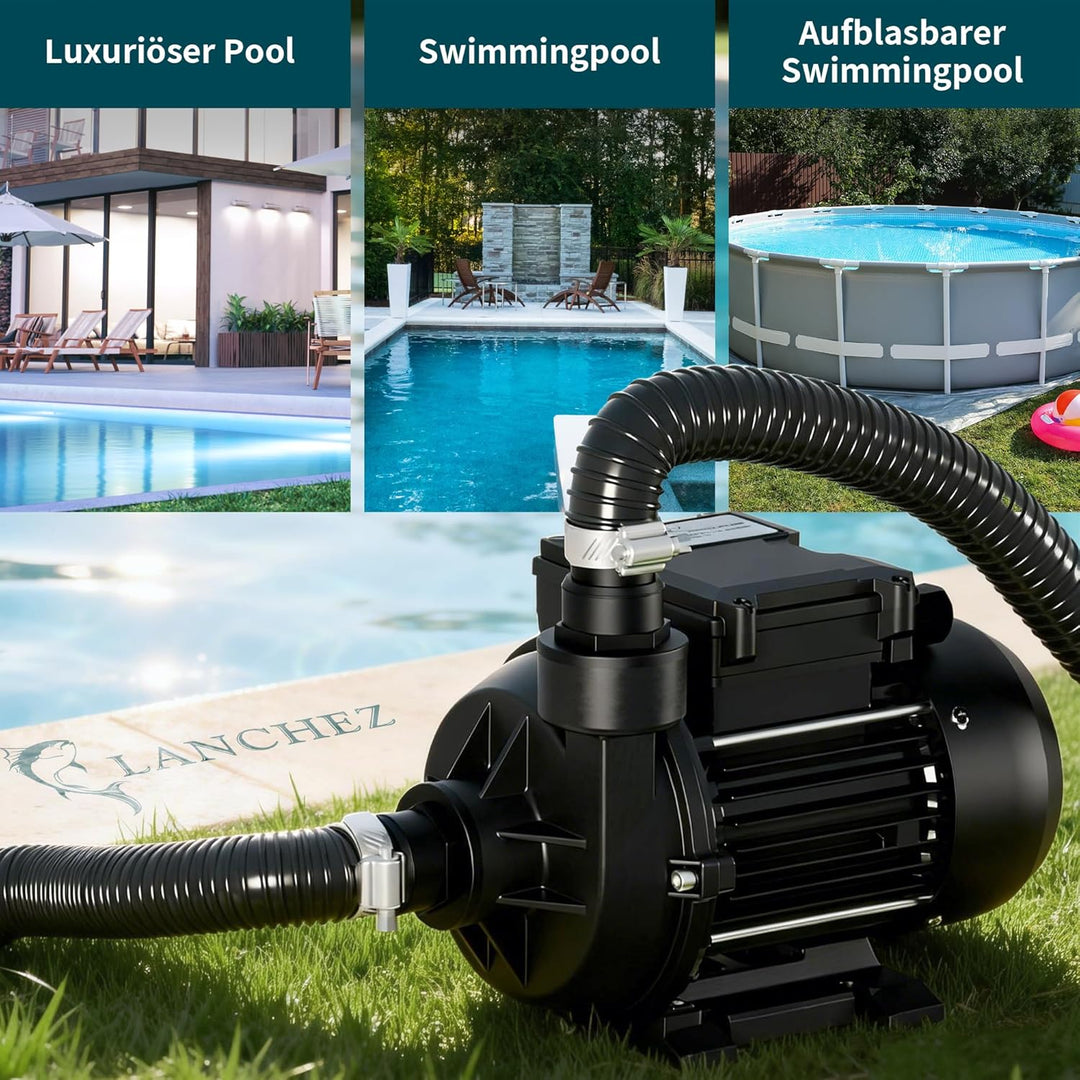 LANCHEZ Poolpumpe 400W, max. Fördermenge 11.500 l/h Pool filterpumpe, max. Förderhöhe 10 m, Schwimmb