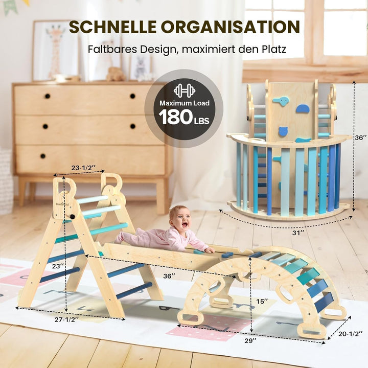 BlueWood 7-in-1 Montessori Kletterdreieck mit Kletterbogen und Rutsche, Holzdreieck für Kleinkinder,