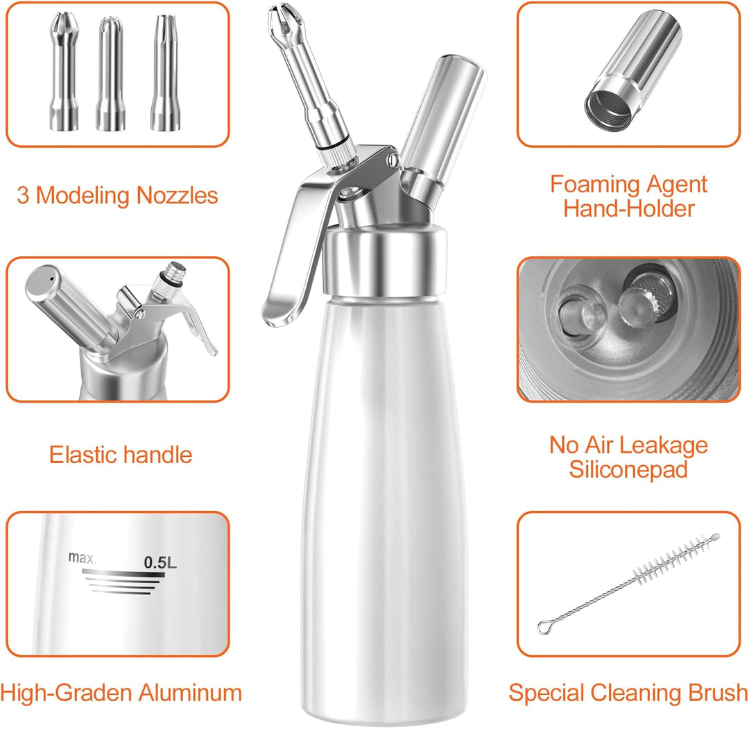 Newaner 500ml sahnespender, Sahnesyphon Aluminium mit 3 Edelstahl Deko-Düsen und 1 Reinigungbürste,