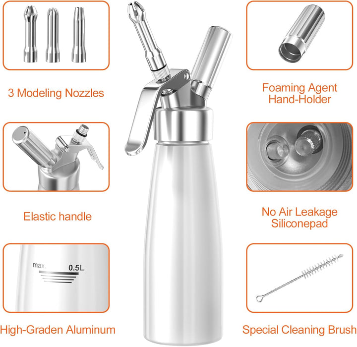 Newaner 500ml sahnespender, Sahnesyphon Aluminium mit 3 Edelstahl Deko-Düsen und 1 Reinigungbürste,