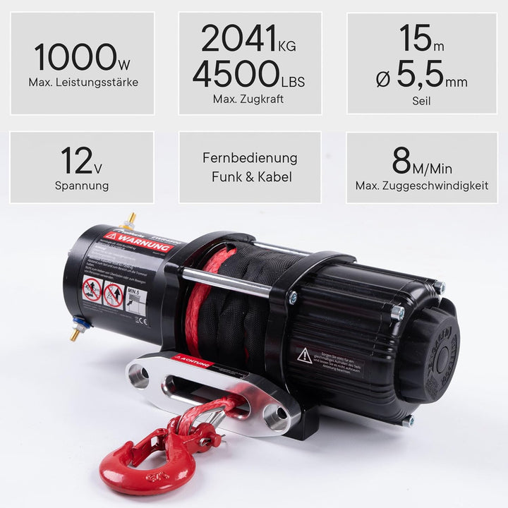 ROTFUCHS Elektrische Seilwinde 12 Volt - 4500 lbs Motorwinde Seilzug, mit Montagehalterung und Fernb