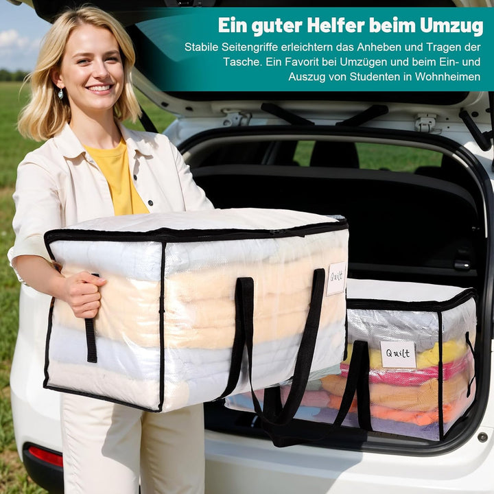 10 Stück 90L Grosse Aufbewahrungstasche mit Deckel, Transparente Umzugskartons Gross mit Reissversch