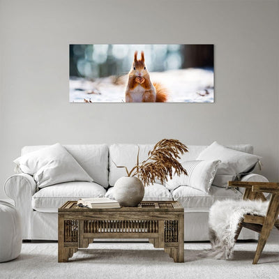 Panorama Bilder auf Leinwand 100x40cm Leinwandbild Eichhörnchen Winter Schnee Essen Gross Wanddeko B