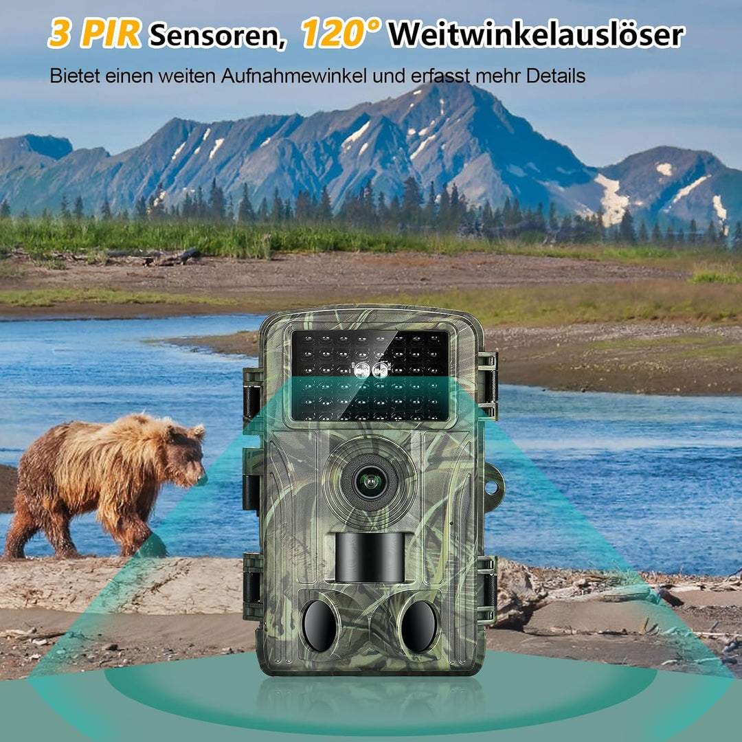 Wildkamera WLAN, 4K Video Wildtierkamera WiFi, 32GB 120° Testsieger 60MP mit 2,0 Zoll LCD-Bildschirm