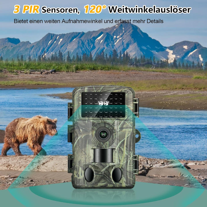 Wildkamera WLAN, 4K Video Wildtierkamera WiFi, 32GB 120° Testsieger 60MP mit 2,0 Zoll LCD-Bildschirm