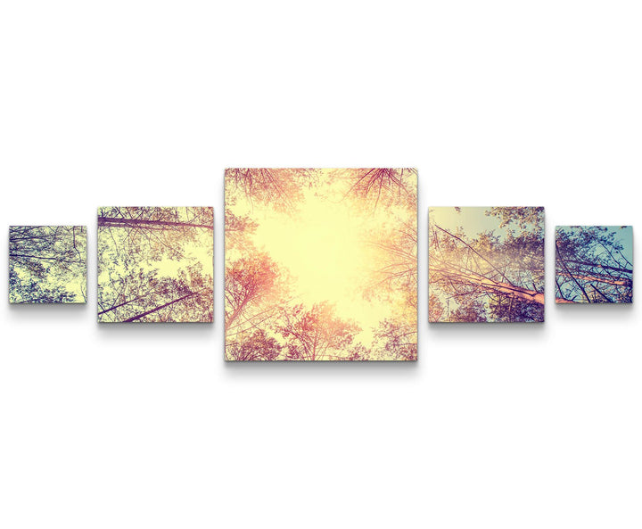 Leinwandbild 5 teilig (160x50cm) Vintage – Wald, Baumwipfel 5xQuadrat Gesamt 160x50cm, 5xQuadrat Ges