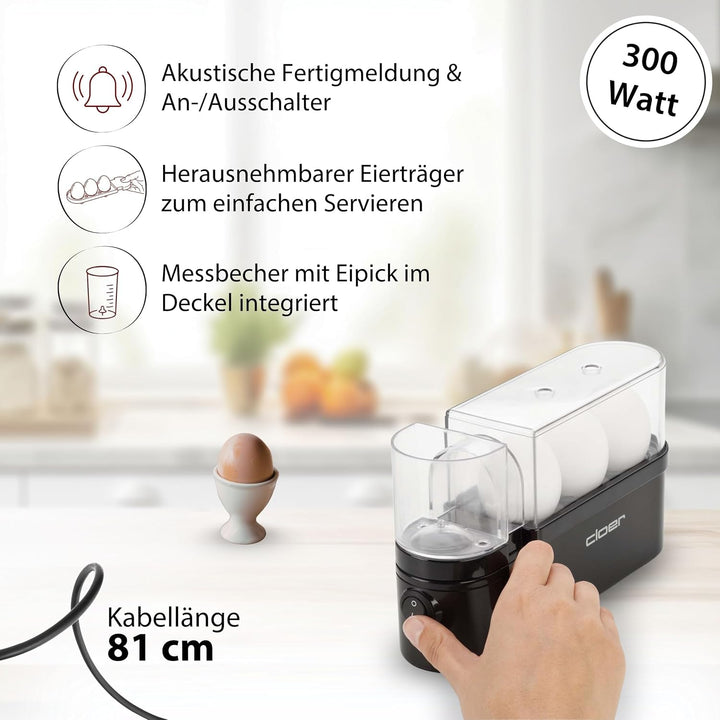 Cloer 6020 Eierkocher, bis zu 3 Eier, herausnehmbarer Eierträger, Servierfunktion, 300 Watt, Kunstst