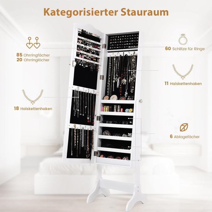COSTWAY Schmuckschrank, Schmuckregal abschliessbar, Schmuck Spiegelschrank mit Ganzkörperspiegel für