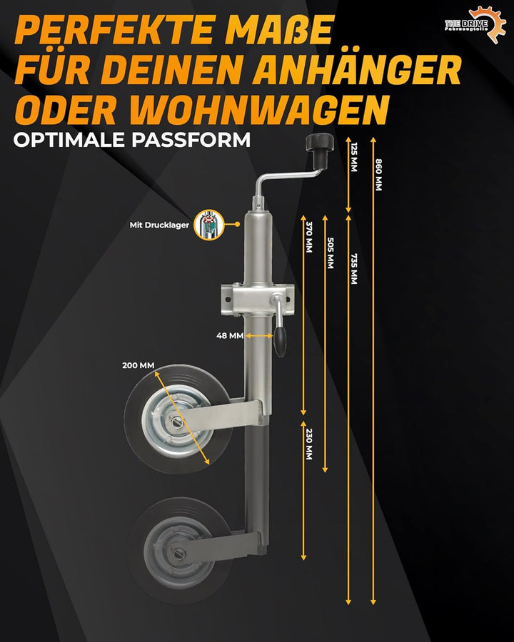 The Drive | Stützrad 150kg | für PKW Anhänger | Ø 48mm mit Klemmhalter | inkl. Anbausatz