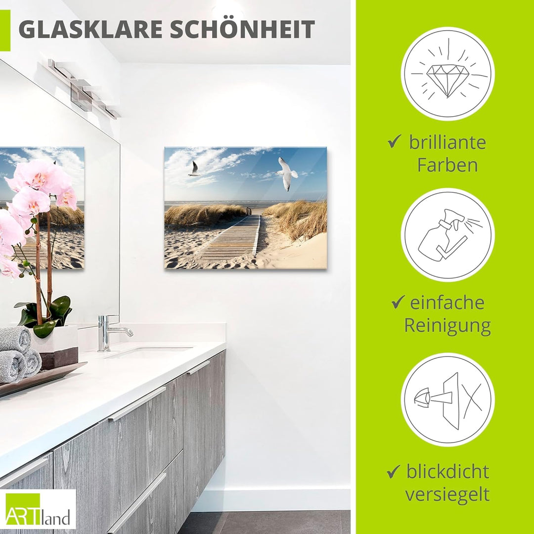 ARTland Glasbilder Wandbild Glas Bild einteilig 80x60 cm Querformat Strand Meer Nordsee Küste Möwen