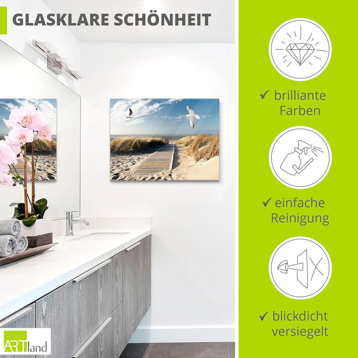 ARTland Glasbilder Wandbild Glas Bild einteilig 80x60 cm Querformat Strand Meer Nordsee Küste Möwen