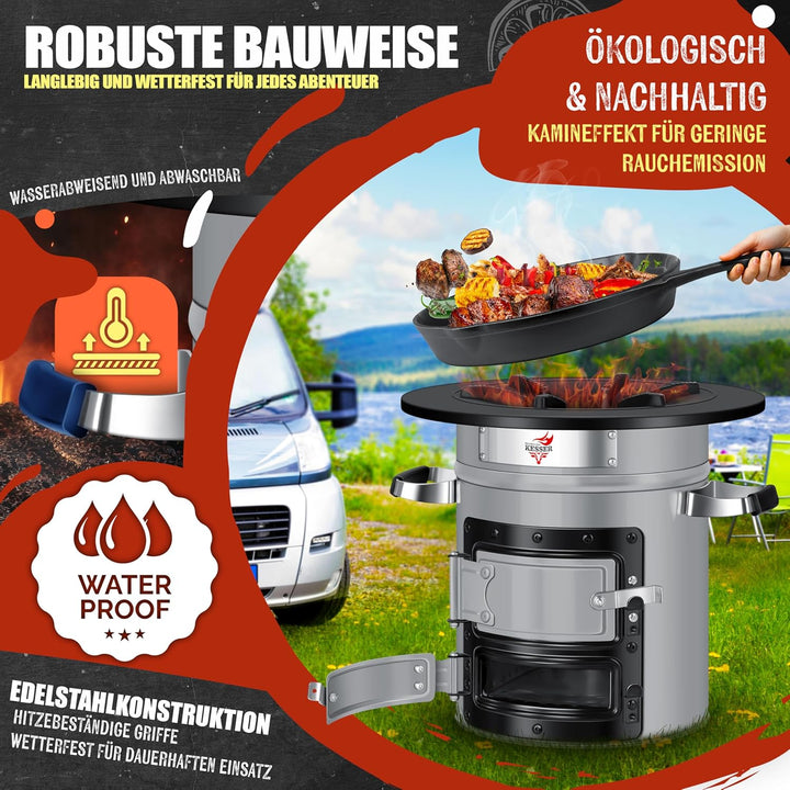 KESSER® Raketenofen Inkl. Grillpfanne aus Gusseisen mit Tragetasche, Dutch Oven BBQ Rakete Holzofen
