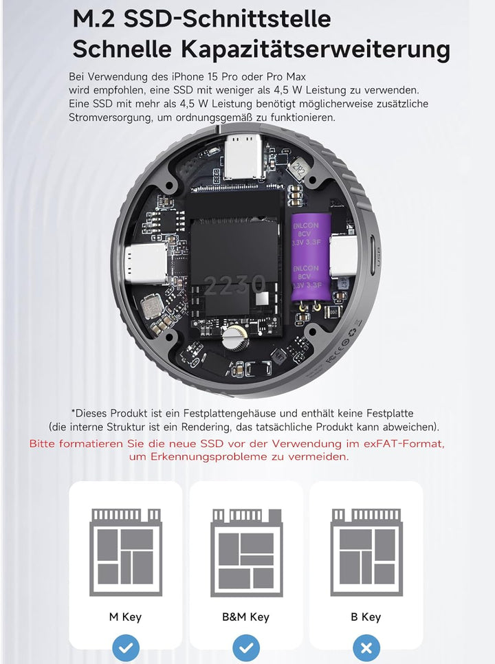 Hagibis Magnetisches M.2 2230 NVMe SSD-Gehäuse mit Magsafe für iPhone 15 Pro Max ProRes, USB C 3.2 G