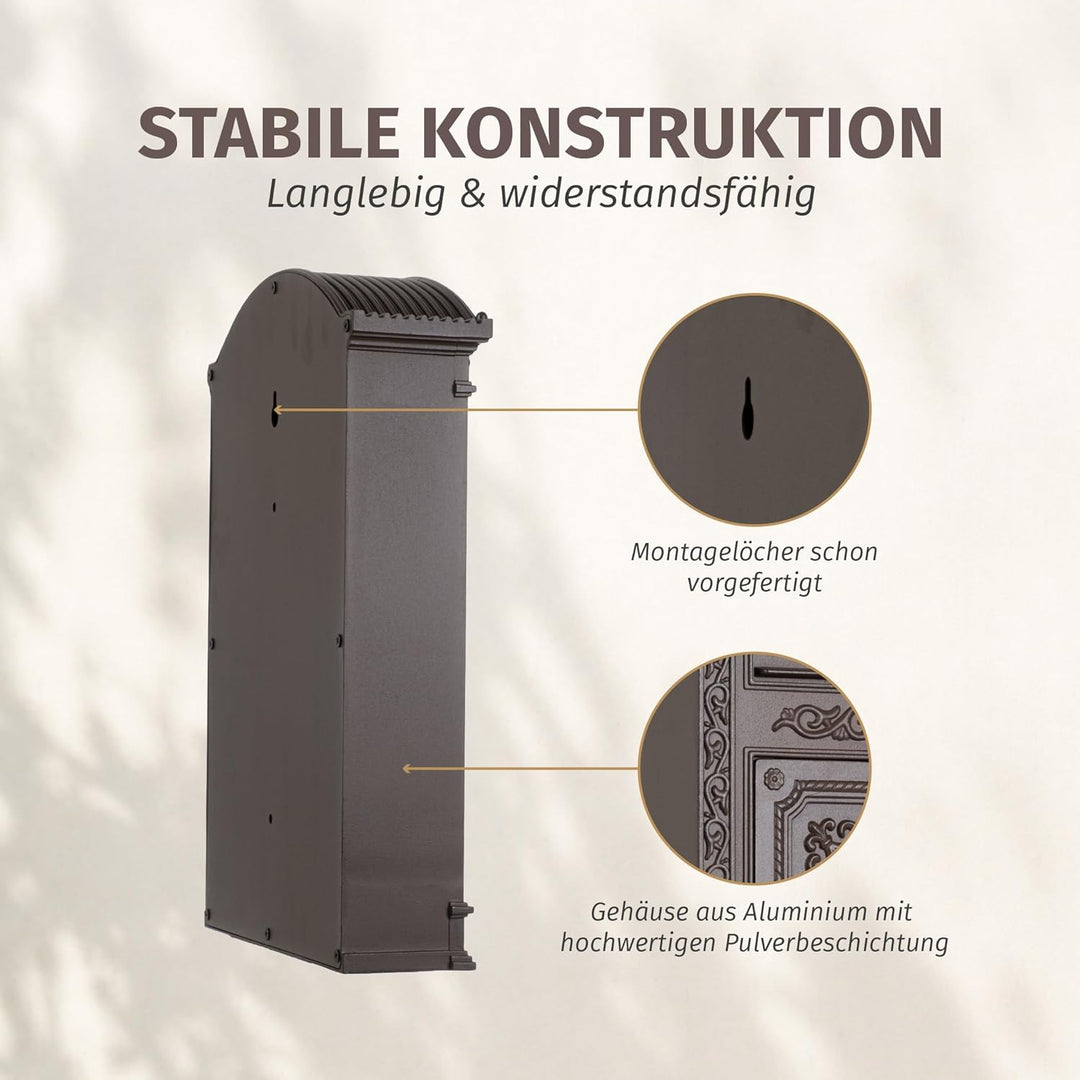 Briefkasten braun Englischer Postkasten Antik Stil aus Aluguss zur Wandmontage Nostalgie Standarform