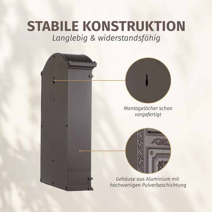 Briefkasten braun Englischer Postkasten Antik Stil aus Aluguss zur Wandmontage Nostalgie Standarform