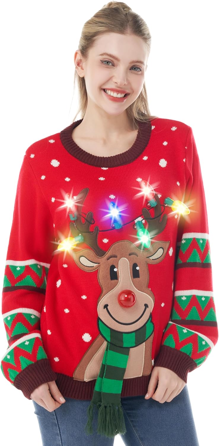JOYIN Damen LED Beleuchtete Rentier Hässliche Weihnachtspullover Damen mit Integrierten Leuchtmittel
