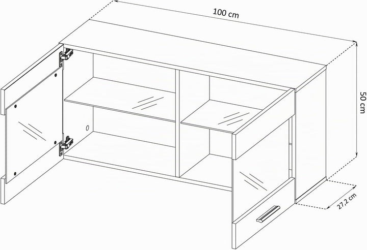 Komodee, Vitrine Schrank Savona, Schwarz/Schwarz, Breite 100cm x Höhe 50cm x Tiefe 30cm, Blaue LEDs,