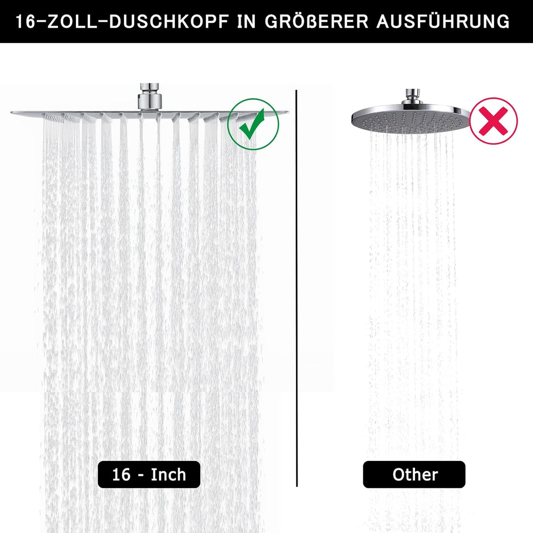 DETBOM 16 Zoll Regendusche quadratischer Duschkopf aus Edelstahl 304, Anti-Kalk-Düsen Duschkopf Wass