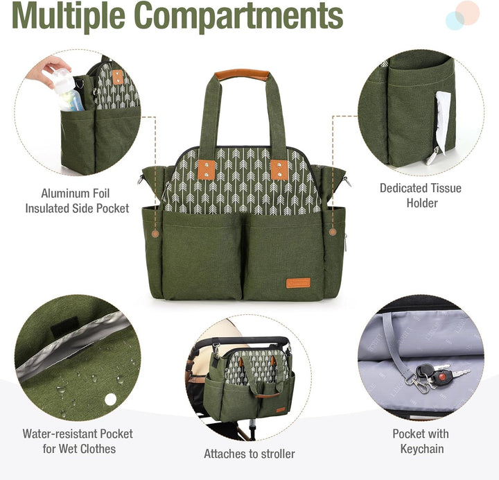 Lekebaby Baby Wickeltasche Bote gross mit Wickelunterlage für Reise, Grün, Grün