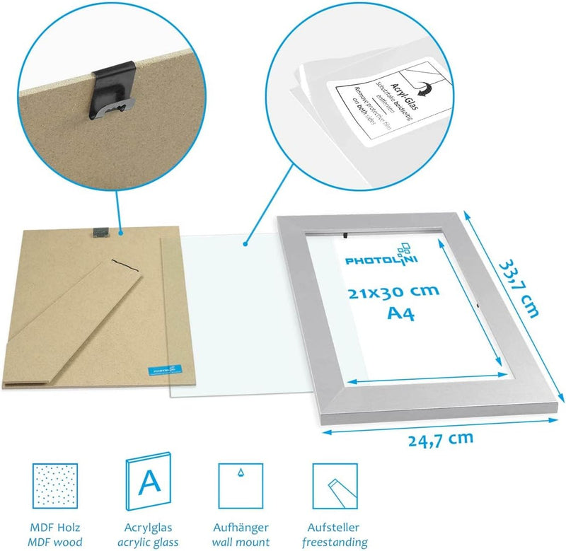 PHOTOLINI Bilderrahmen-Set Silber MDF-Holz, breite Rahmen, 10er Rahmenset, modern, bruchsicheres Acr