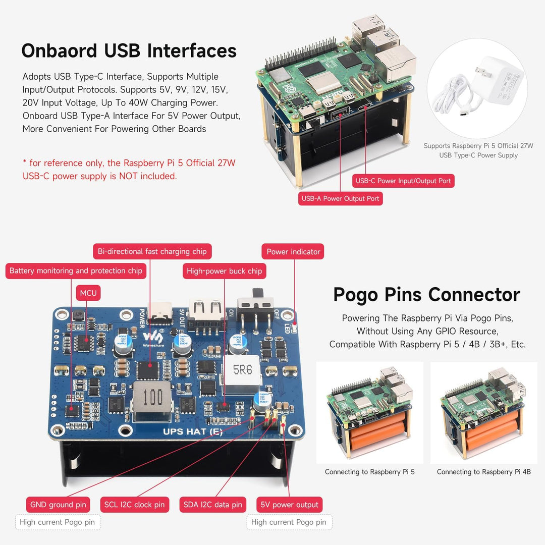 Waveshare UPS HAT (E) for Raspberry Pi 5/4B/3B+, Supports 4× 21700 Li Batt (NOT Included), Bi-Direct