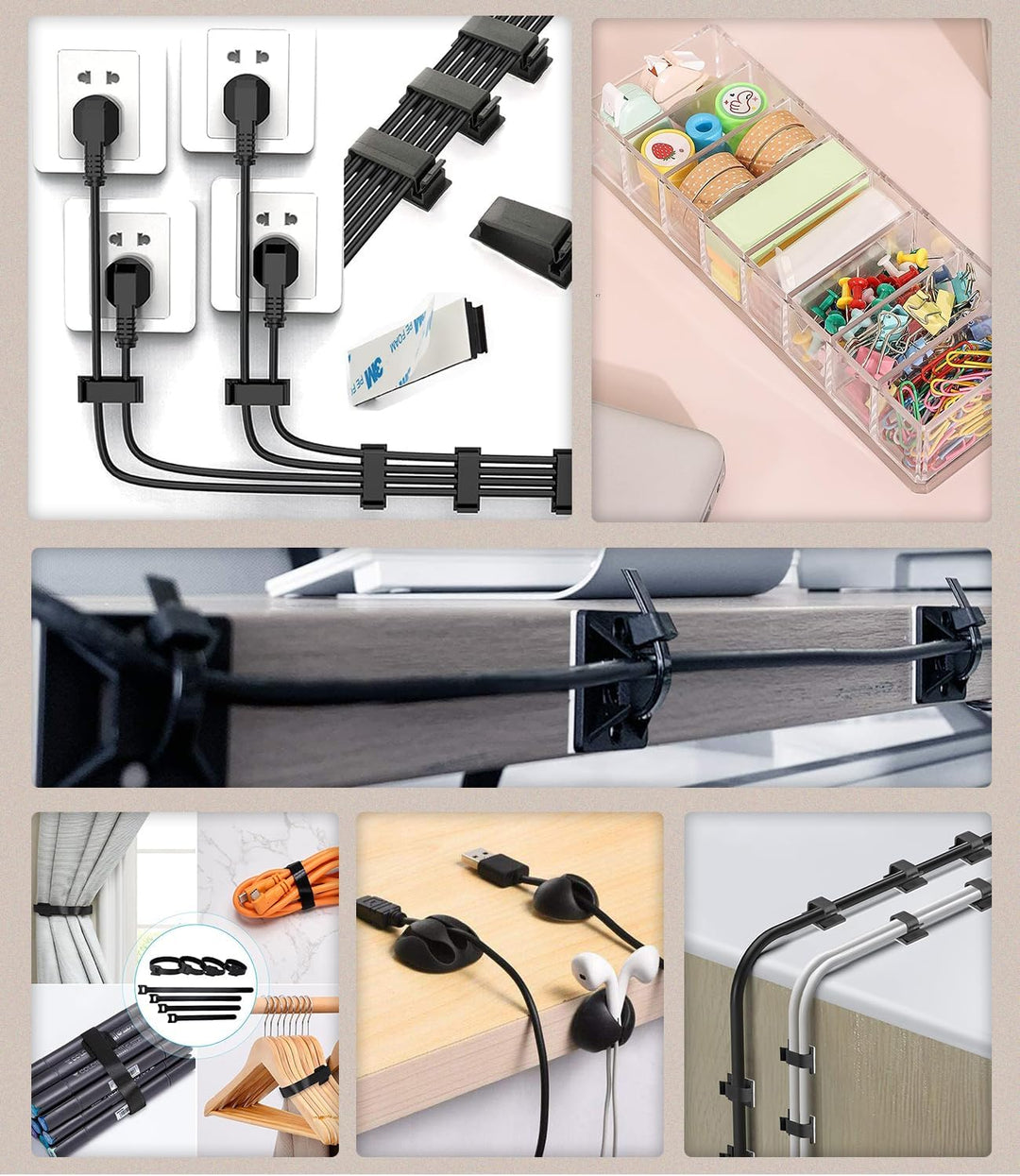 MiuCo 255Pcs Weiss Kabelmanagement Set Mit Kabelbox, Kabelhalter Selbstklebend, Rollenkabelbinder, S