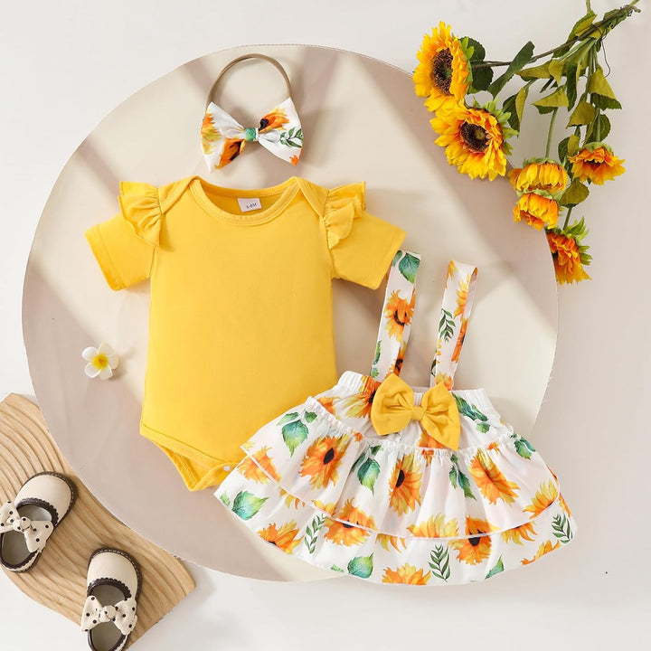 Neugeborenes Baby Mädchen Röcke Sets Kurzarm Rüschen Top + Bedrucktes Overalls Hosenträger Kleid + S