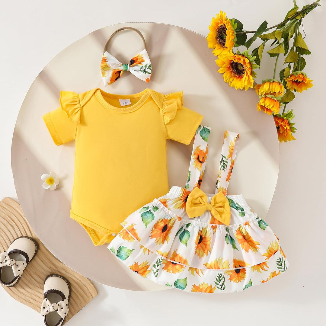 Neugeborenes Baby Mädchen Röcke Sets Kurzarm Rüschen Top + Bedrucktes Overalls Hosenträger Kleid + S