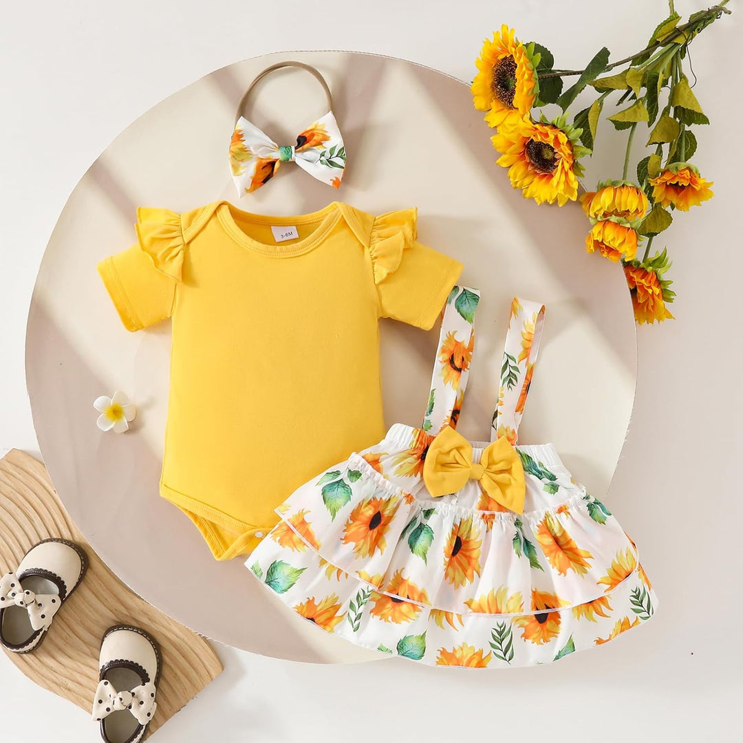 Neugeborenes Baby Mädchen Röcke Sets Kurzarm Rüschen Top + Bedrucktes Overalls Hosenträger Kleid + S