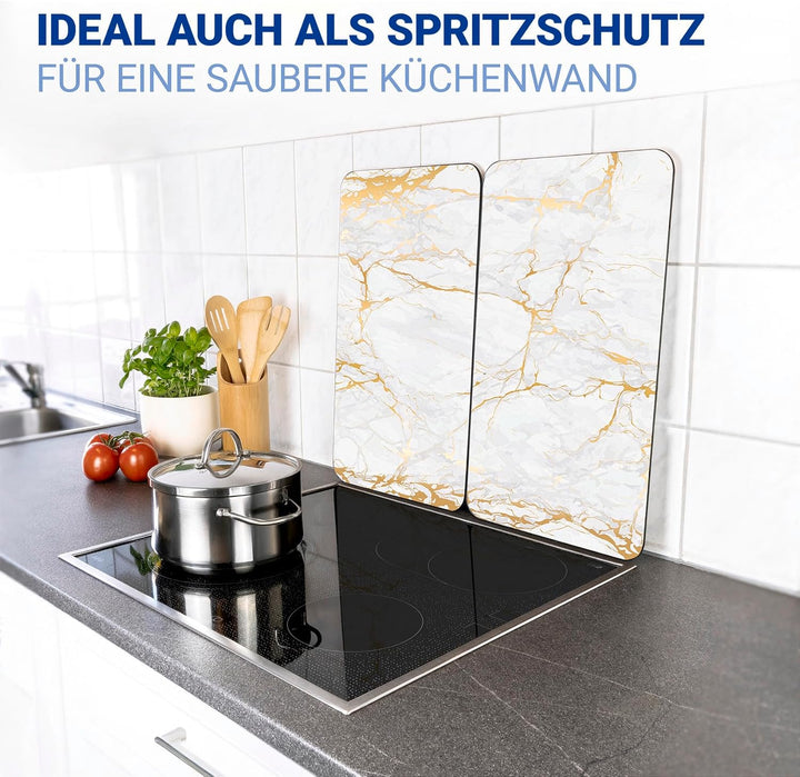 WENKO Herdabdeckplatte Universal Marmor Gold, 2er Set Herdabdeckung für alle Herdarten, Gehärtetes G