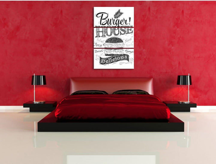 Pixxprint Burger House / 3-Teilig/Gesamtmass 120cm Leinwandbild bespannt auf Holzrahmen/Wandbild Kun
