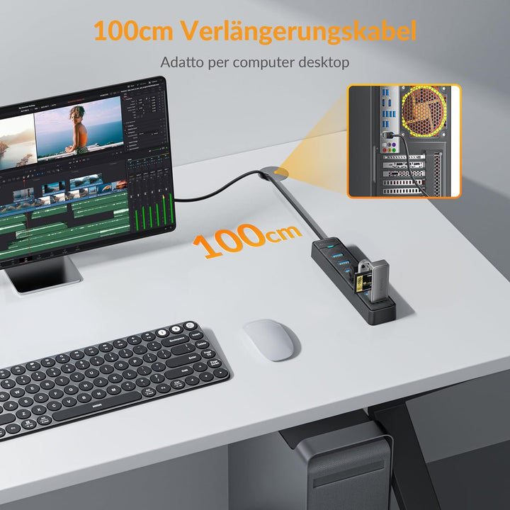 iDsonix 7-Port USB 3.0 Hub - USB Verteiler Multiport Adapter mit 1M Kable, USB 3.0 5Gbps Data, 5V 3A