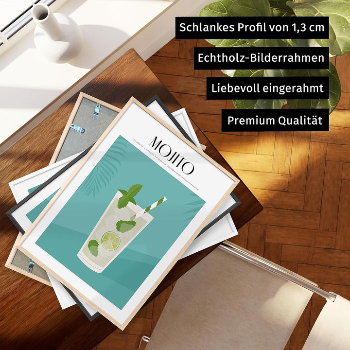 JUNOMI® Mojito Poster DIN A2, Cocktail, Longdrink, Bar, Getränke, Cocktail Set | mit Rahmen Natur DI
