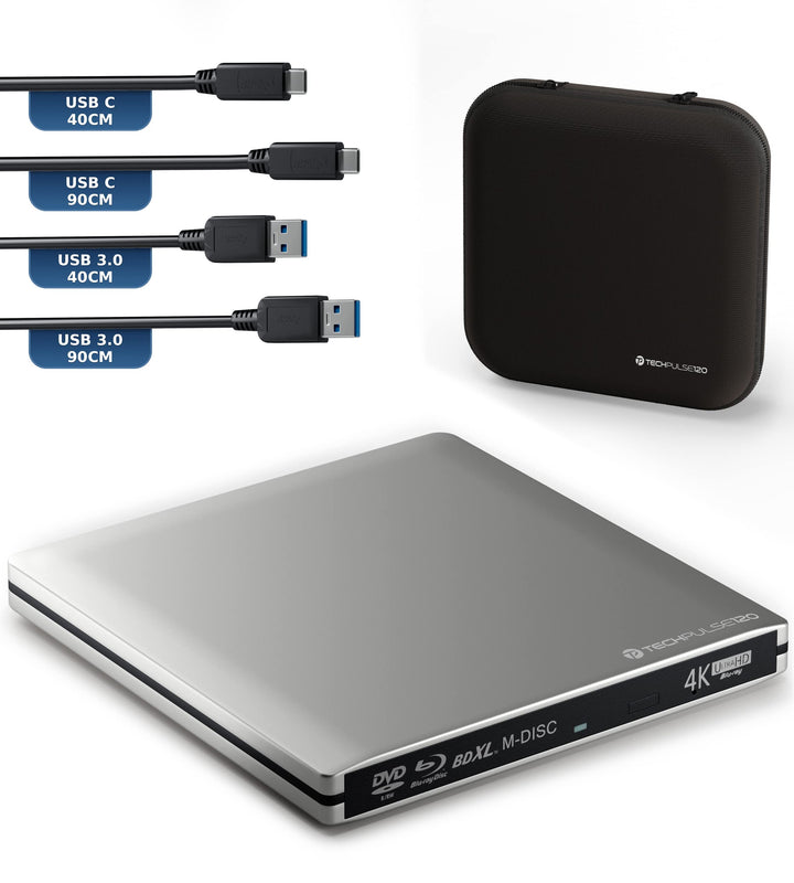 techPulse120 Externes USB 3.1 Blu-ray DVD CD USB-C UHD 4k 3D M-DISC BDXL HDR10 100GB Laufwerk Brenne