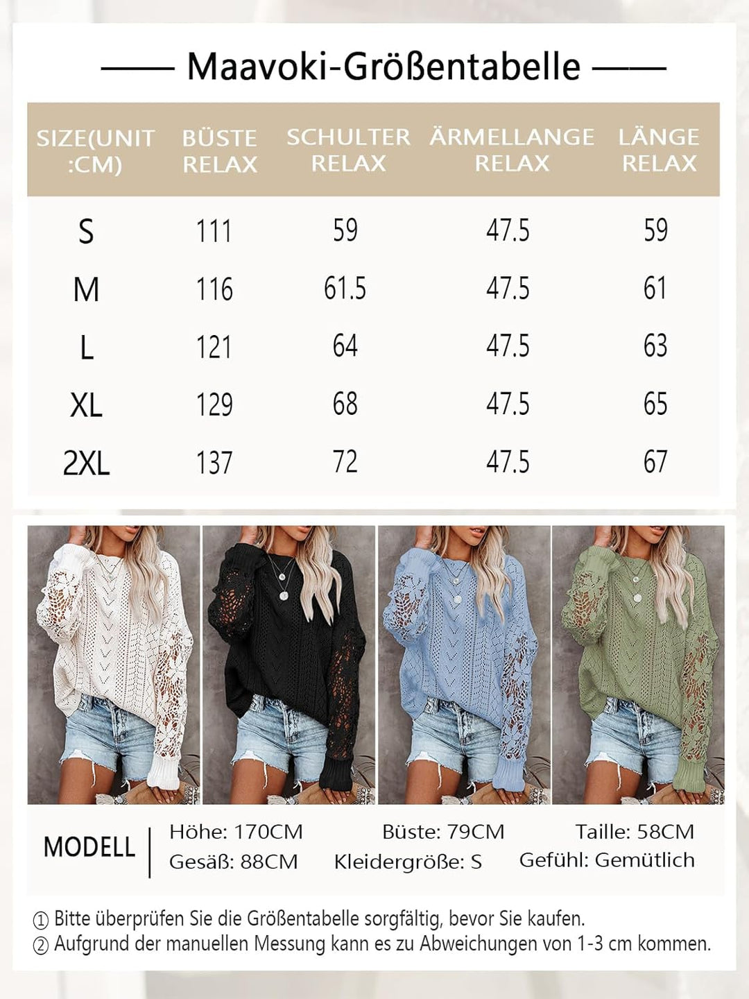 Maavoki Pullover Damen Spitze Strickpullover Lässige Rundhals Lace Langarm Häkelpullover Elegantes E