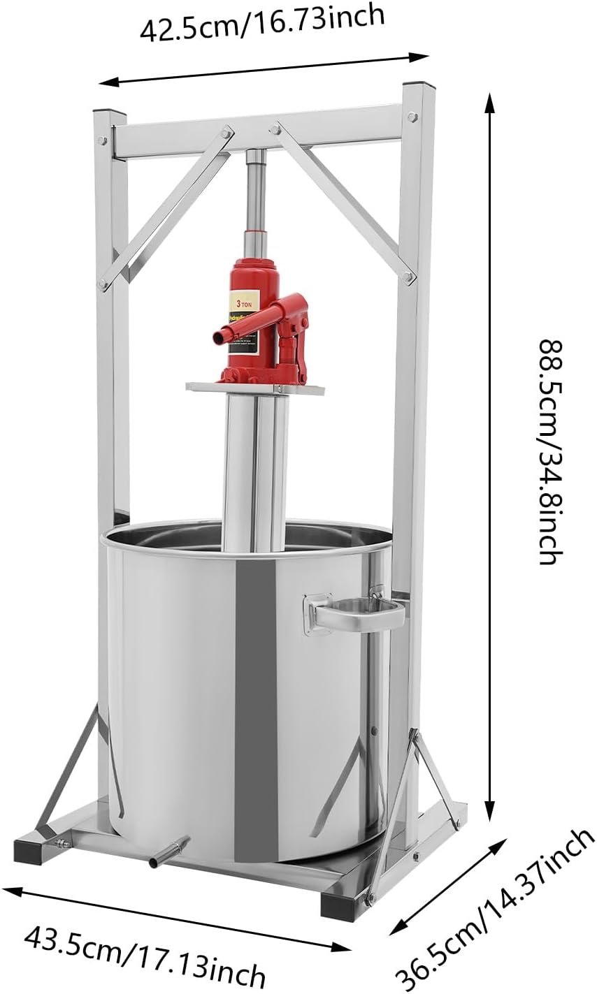 22L Hydraulische Obstpresse, Manuelle Fruchtpresse mit 3T Hydraulikheber, 304 Edelstahl Obstweinpres