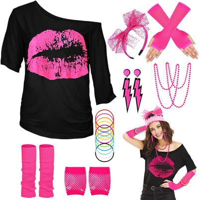 WILDPARTY 80er 90er Jahre Outfit Damen, T-Shirt, Beinwärmer, Stirnband, Ohrring, Halskette, Netzhand